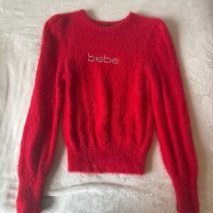 Bebe Red Fuzzy Crew Neck Sweater Rhinestone Logo Y2K Small